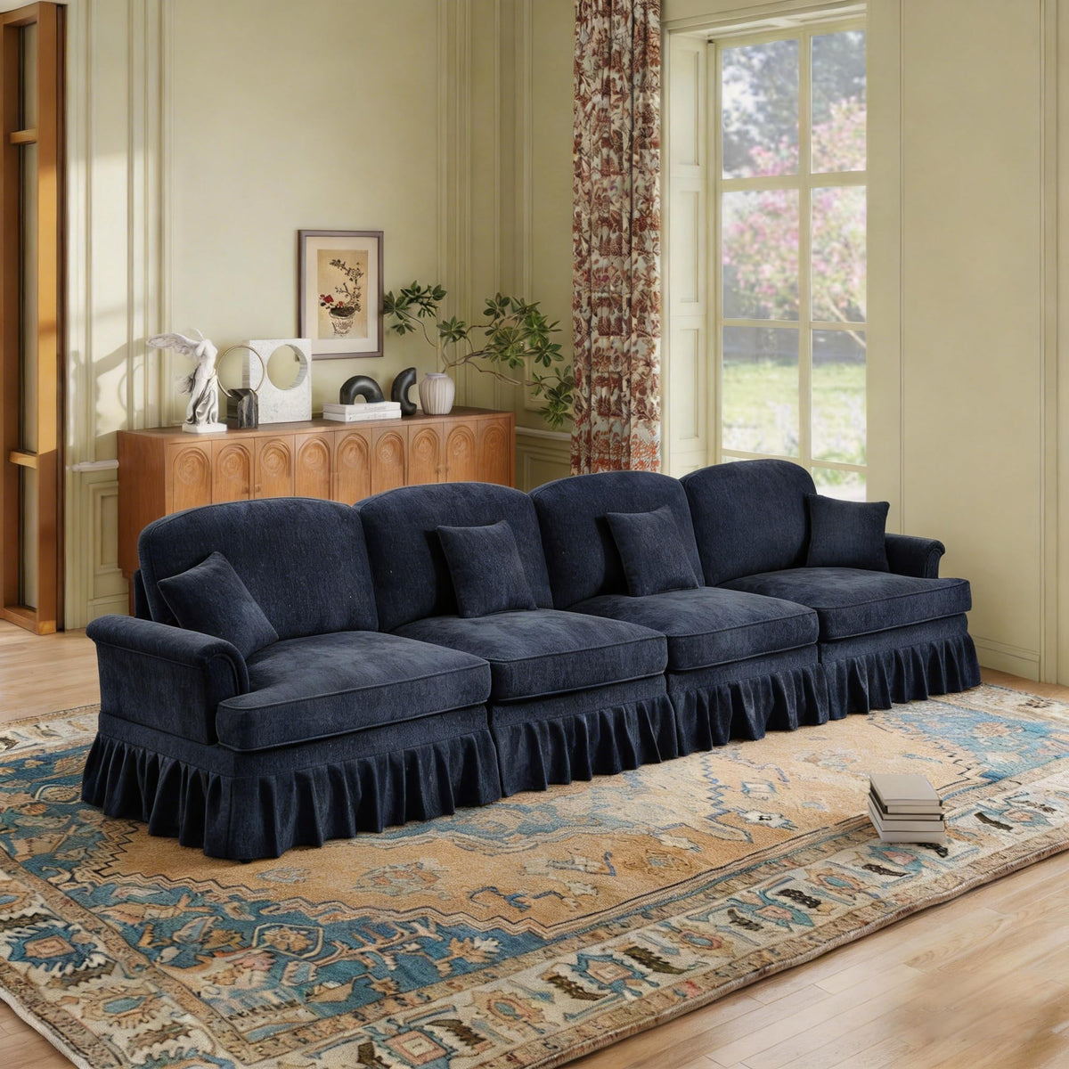 107'' Modern Sectional Sofa, Upholstered U-Shaped Couch with Removable Ruffles Pleats Skirts, Silver Chenille Cloud Couch, Ottoman, Flared Arms, 4-Seat Couches for Living Room, Bedroom, Camel