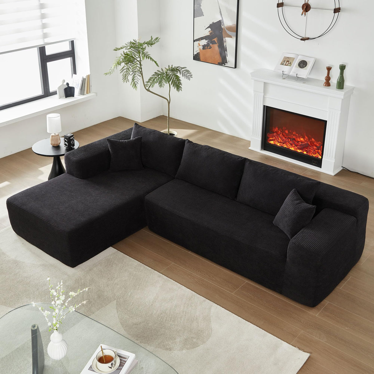 104" L-Shape Modular Sectional Sofa Couch,Comfy Upholstered Cloud Couch for Living Room,Modern Minimalist Couches,Deep Seat,No Assembly Required (Black,Plush Corduroy, Right Facing Chaise w/Ottoman)