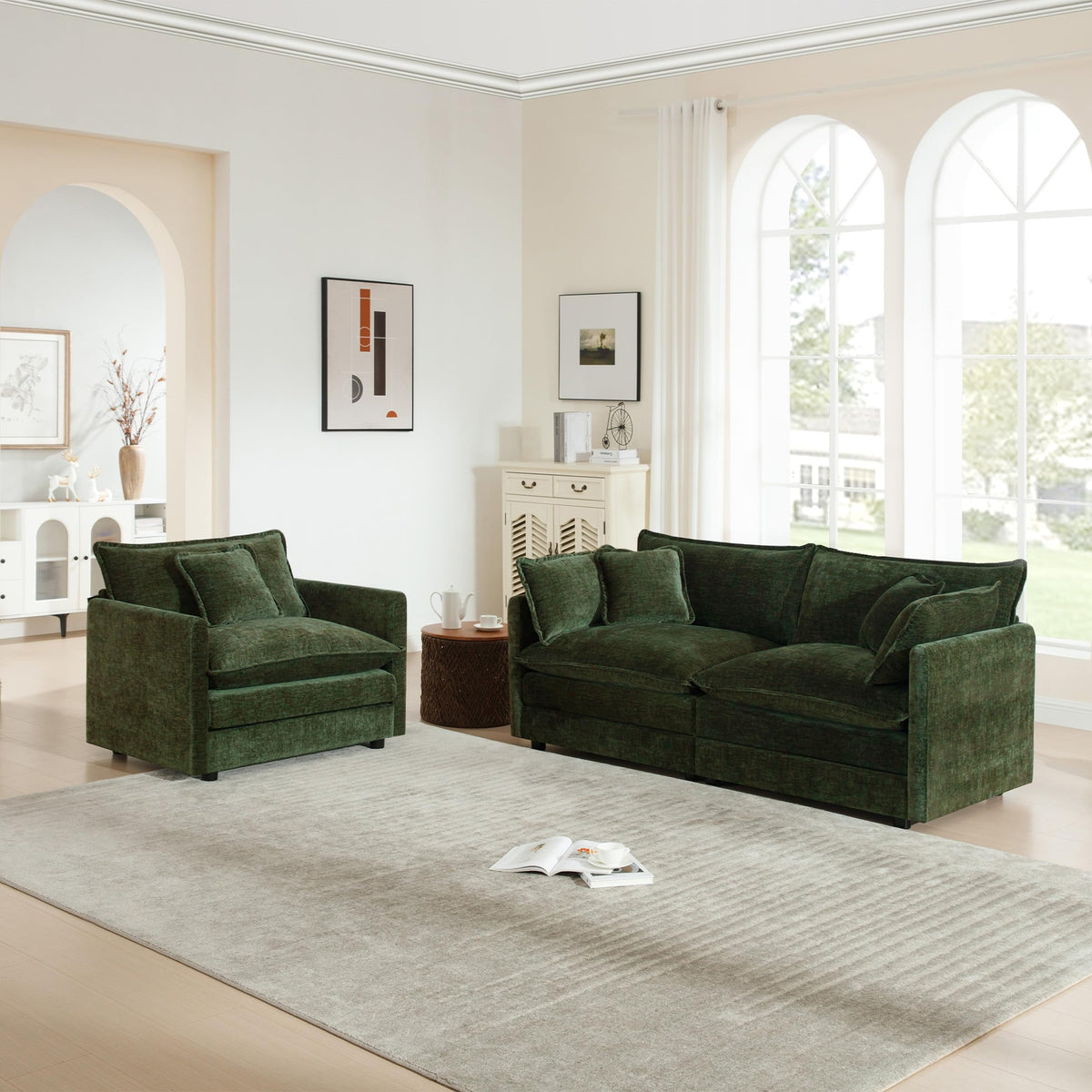 White Modular Sectional Sofa 3-Piece Set, Modern Deep Seat Chenille Couch, Loveseat, Single Sofa, Oversized Modular Couch for Living Room