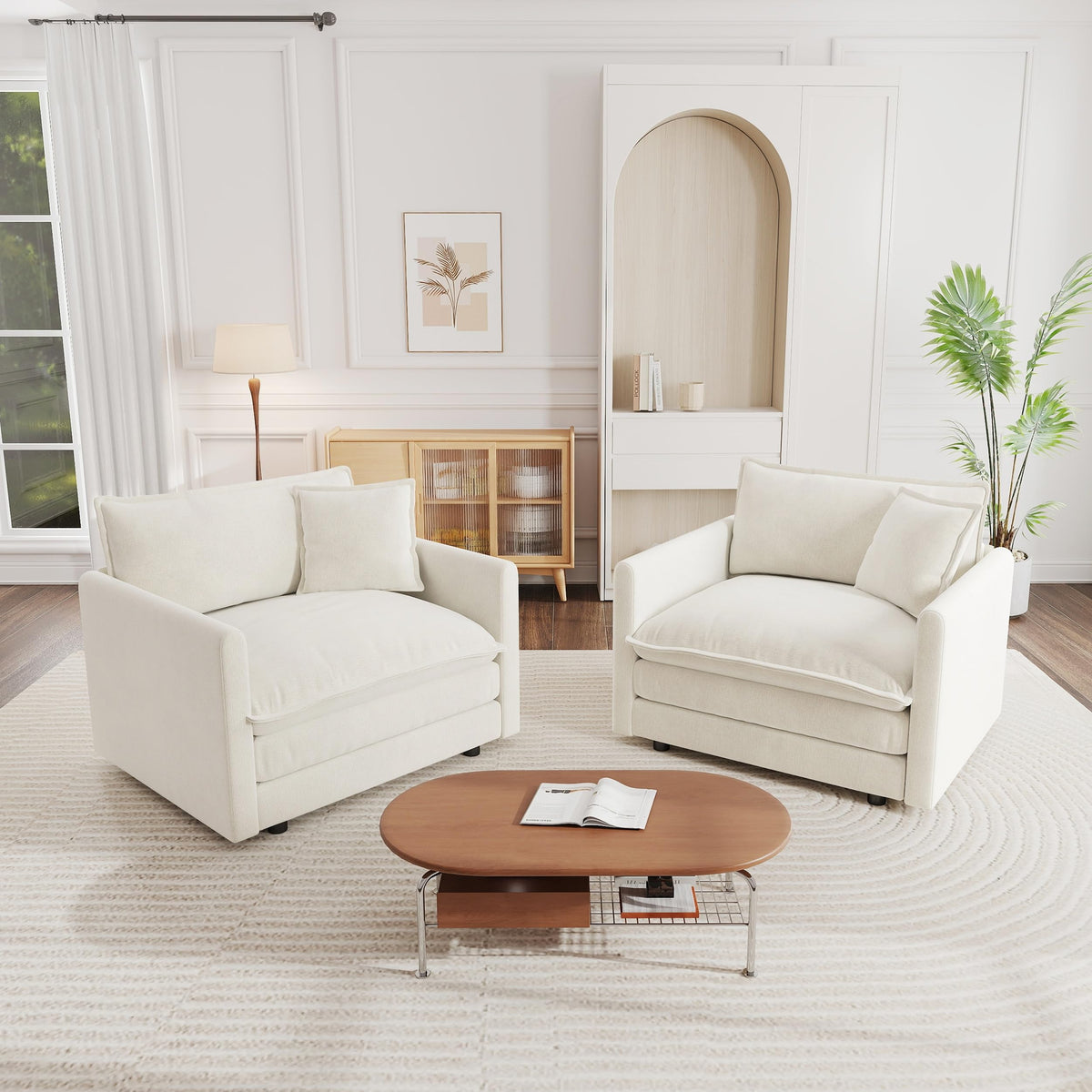 White Modular Sectional Sofa 3-Piece Set, Modern Deep Seat Chenille Couch, Loveseat, Single Sofa, Oversized Modular Couch for Living Room