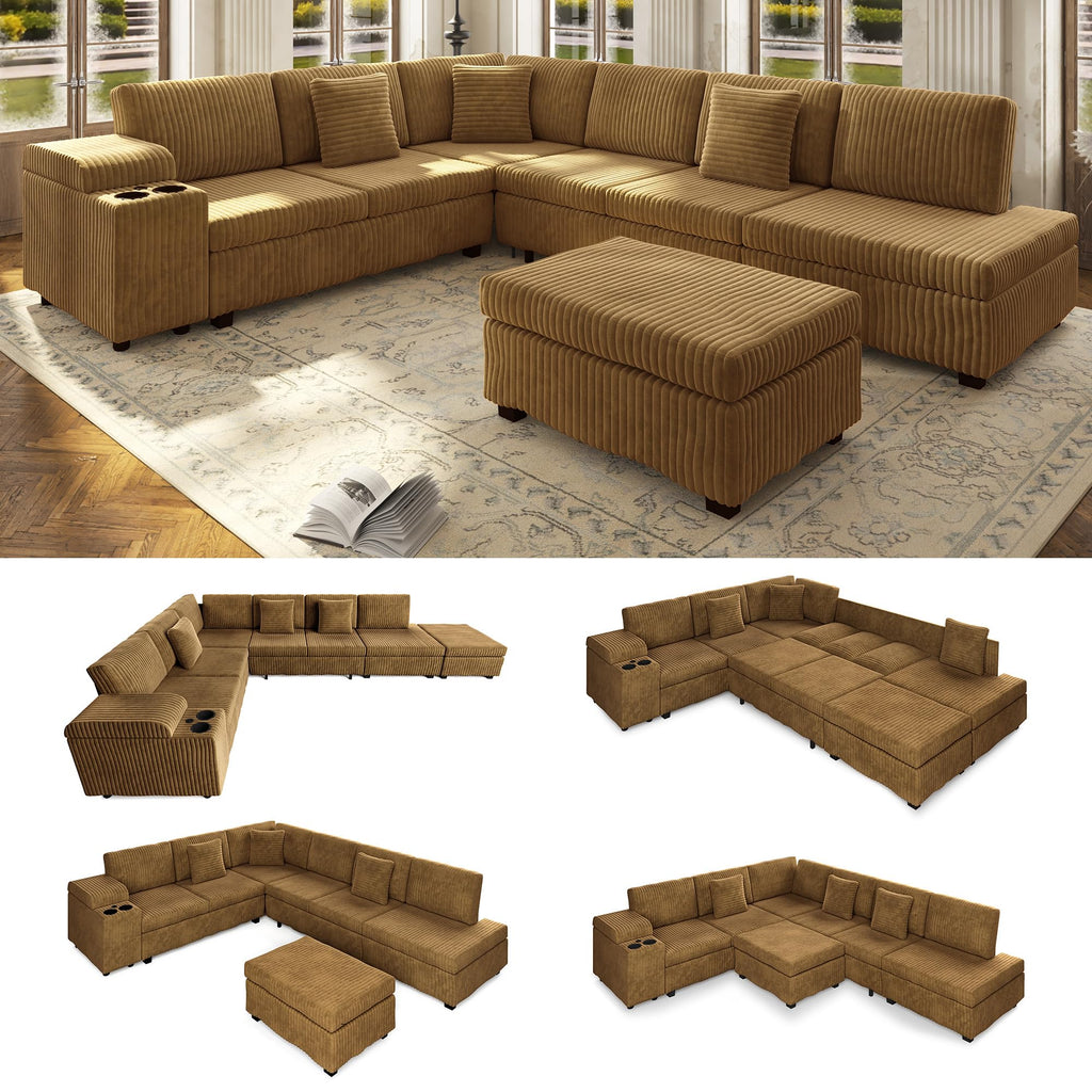 110" L-Shaped Modular Sectional Sofa with Pull Out Bed, Comfy Corduroy Cloud Couch with Removable Ottoman, USB, Storage & Cup Holders, Modern Sectional Sleeper Sofas for Living Room (Camel)