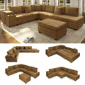 110" L-Shaped Modular Sectional Sofa with Pull Out Bed, Comfy Corduroy Cloud Couch with Removable Ottoman, USB, Storage & Cup Holders, Modern Sectional Sleeper Sofas for Living Room (Camel)