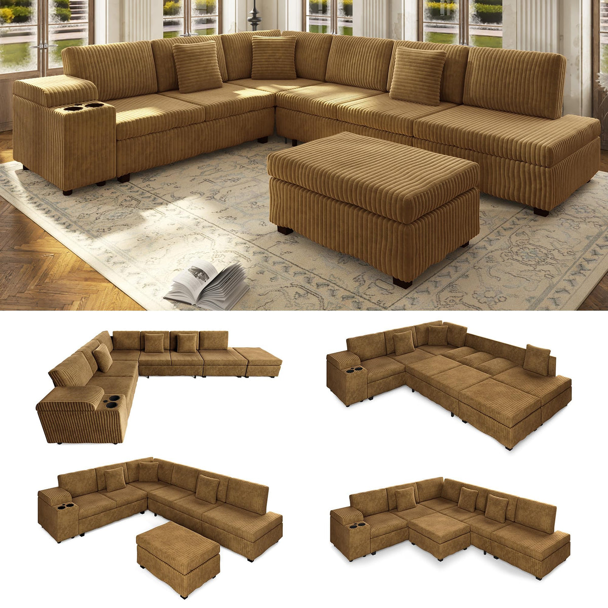 110" L-Shaped Modular Sectional Sofa with Pull Out Bed, Comfy Corduroy Cloud Couch with Removable Ottoman, USB, Storage & Cup Holders, Modern Sectional Sleeper Sofas for Living Room (Camel)