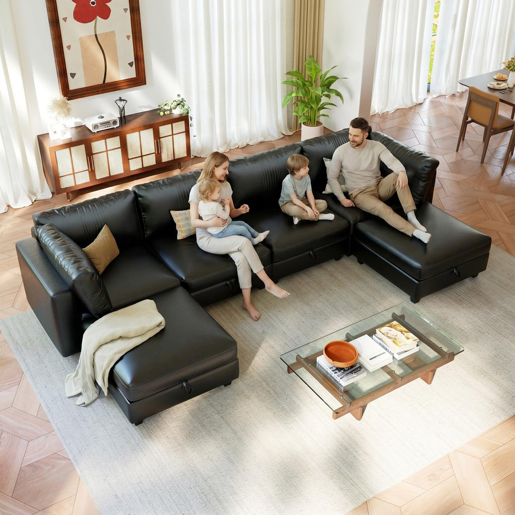 128" 6 Seat Modular Sectional Sofa, Convertible L & U Shaped Couch with Storage, Modern Leather Couch with Ottomans, Faux Leather Sectional Couches for Living Room, Office, Apartment, Black