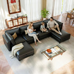 128" 6 Seat Modular Sectional Sofa, Convertible L & U Shaped Couch with Storage, Modern Leather Couch with Ottomans, Faux Leather Sectional Couches for Living Room, Office, Apartment, Black