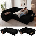 100" Modular Sectional Sleeper Sofa with Pull Out Bed/Side Table/USB Charging/Storage Chaise, Comfy Convertible Cloud Couch, U Shaped 7 Seat Corduroy Sofa with Cup Holders,Green