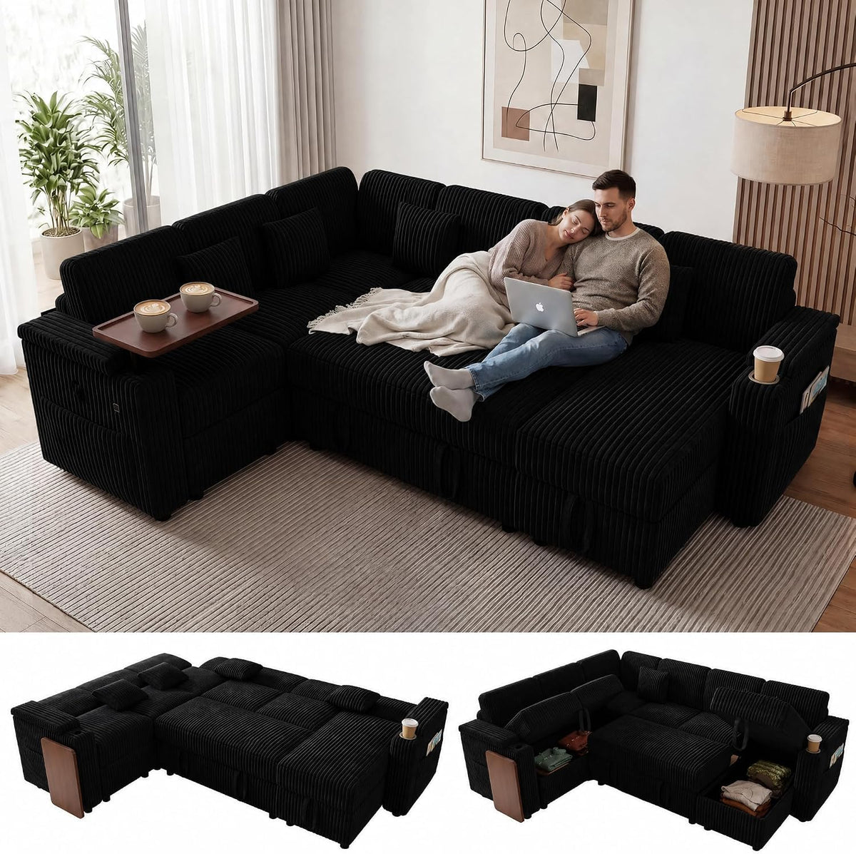 100" Modular Sectional Sleeper Sofa with Pull Out Bed/Side Table/USB Charging/Storage Chaise, Comfy Convertible Cloud Couch, U Shaped 7 Seat Corduroy Sofa with Cup Holders,Green