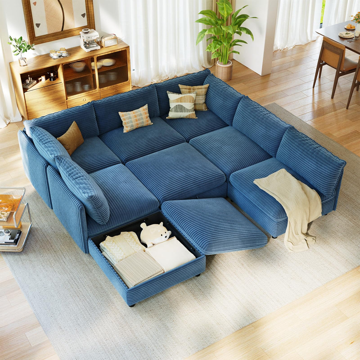 10 Seat U Shaped Modular Corduroy Sofa Bed Couch with Hidden Storage and Movable Ottomans Deep Seat Convertible Sectional for Sectional Couches for Living Room Bedroom, Black