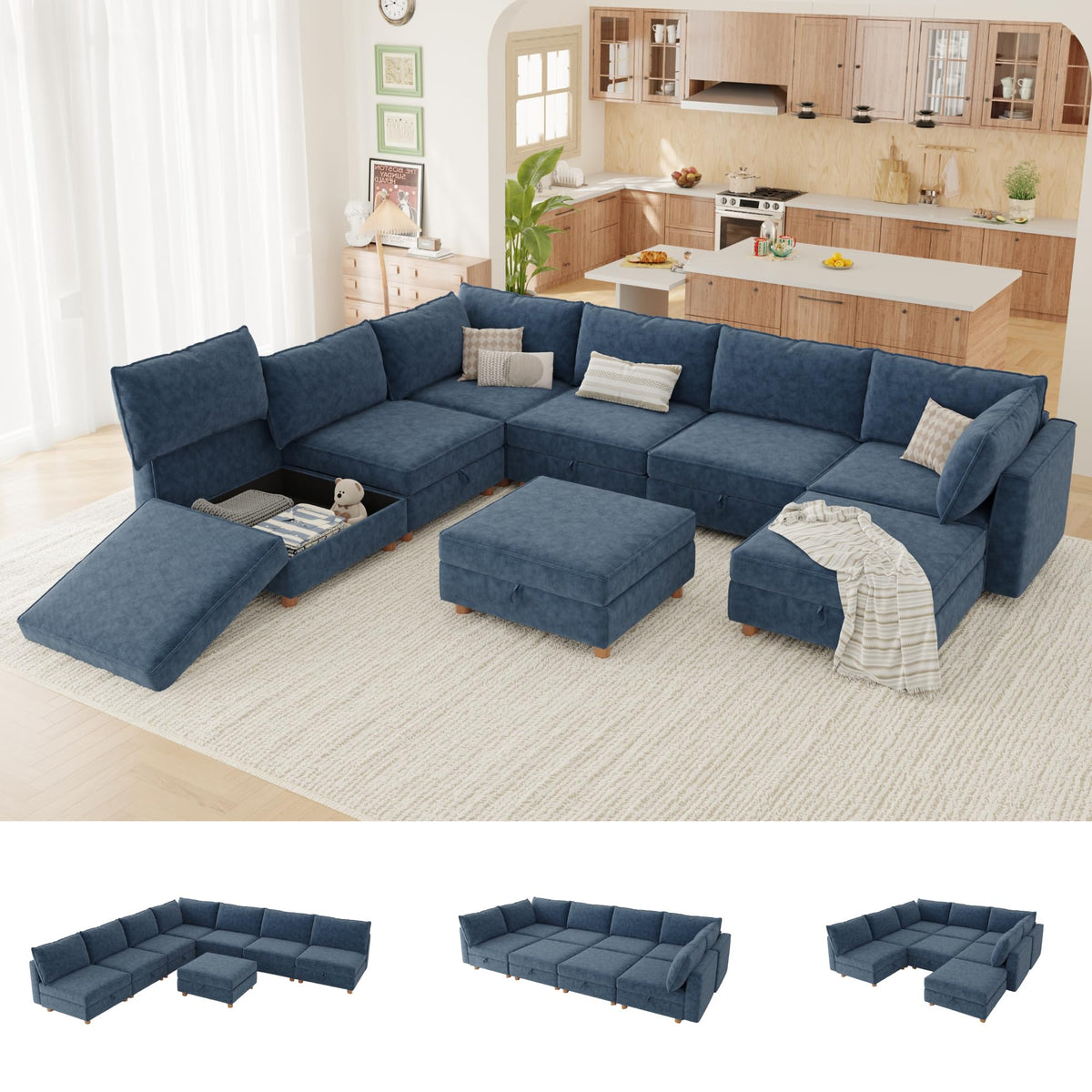 127'' Modular Sectional Sofa,FSC Certified 6 Seater Sectional Sofa,Chenille Couch with Removable Washable Covers,Modern Couch with Ottoman,U Shaped Couch with Storage,Beige Couches for Living Room