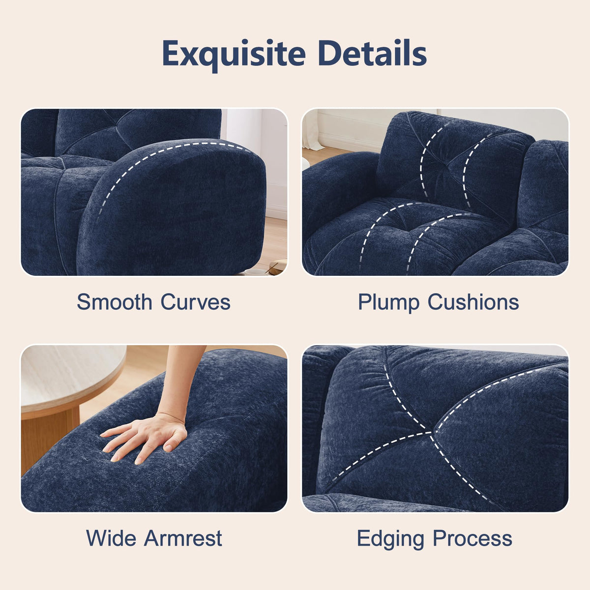 U-Shaped Boneless Sofa, Tufted 32d High Density Sponge Bottom, Anti-Slip Design, No Assembly Required, Free Combination, Movable Ottomans for Living Rooms, Home Theater, Blue