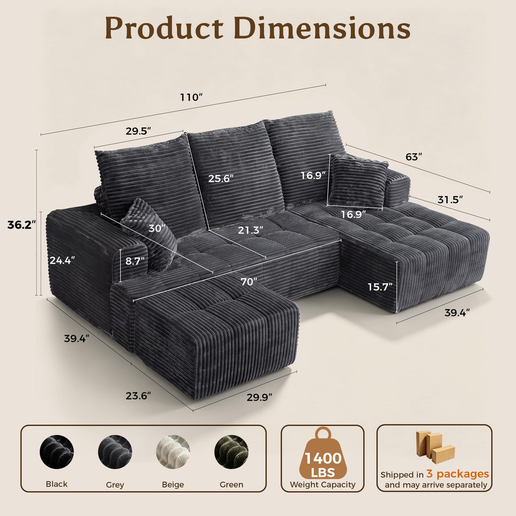 110" U Shaped Boneless Couches for Living Room, Cloud Couch with Ottoman
