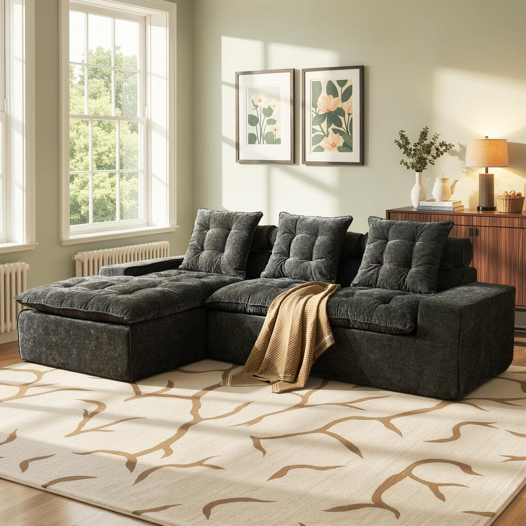 106" Cloud Sectional Couch with L-Shape Chaise & Ottoman, No Assembly Modular Sofa, Deep Seat Plush Corduroy Boneless Couched for Living Room (Black Plush Corduroy, L Shape with Ottoman-Left Facing)