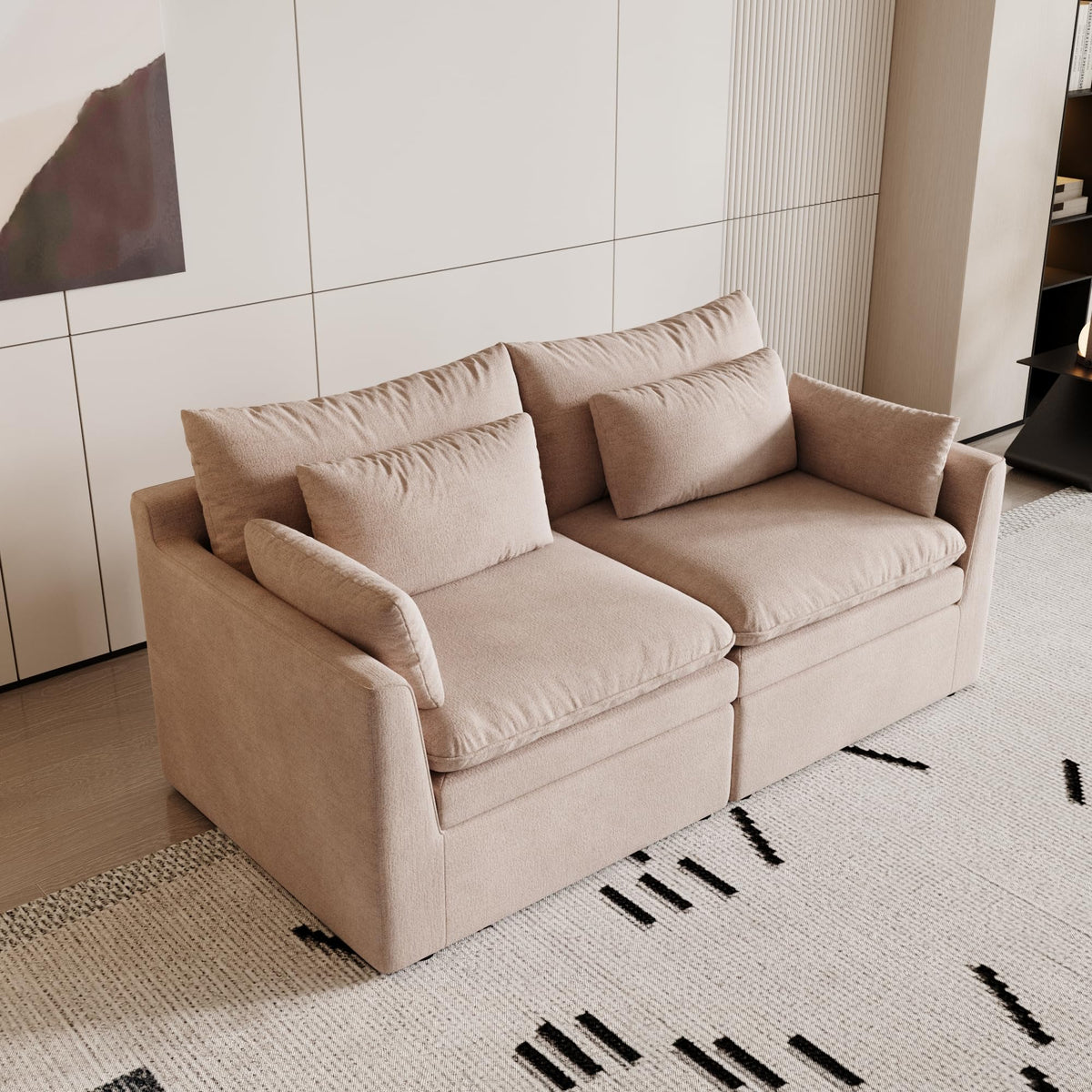 120" Cloud Couch Modular Sectional Sofa for Living Room, 3-Seater with Ottoman, Modern Sofa with Small Pillows Deep Seat L Shapedd Couch Covers Removeble Comfy Linen Khaki