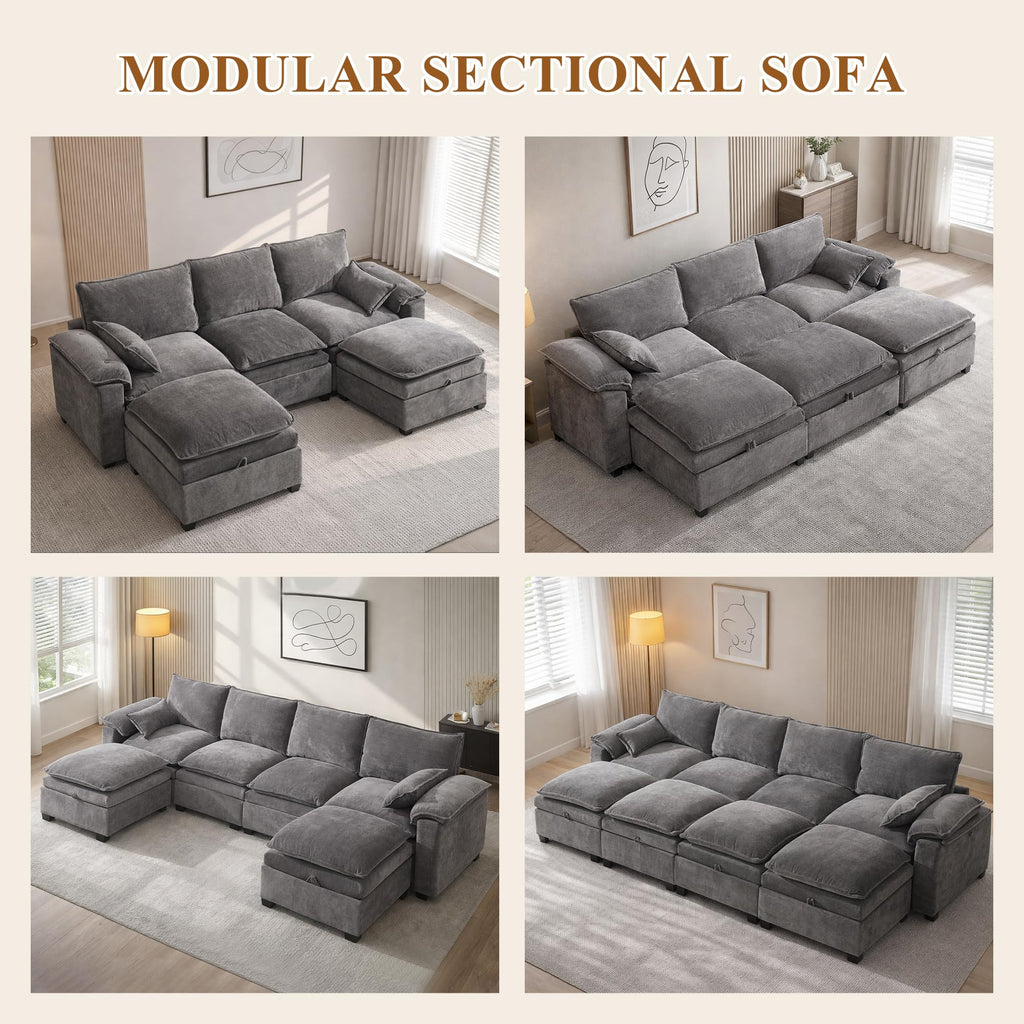 108" Modular Sectional Sofa with Storage Ottoman, Sectional Couches for Living Room, Chenille U Shaped Cloud Couch with Pillow, Deep Seater Sofa for Apartment (Light Gray, 4 Seater with 4 Ottoman)