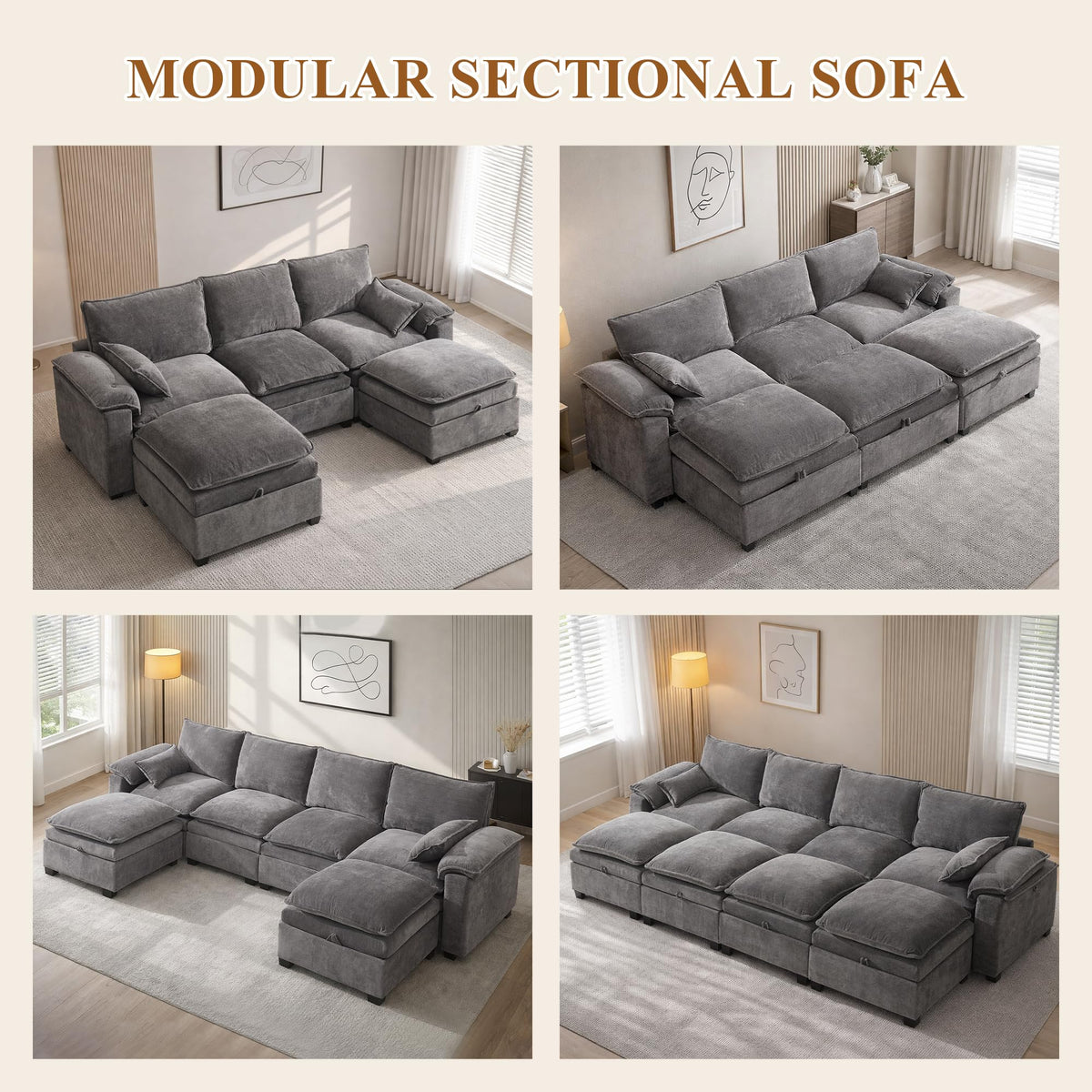 108" Modular Sectional Sofa with Storage Ottoman, Sectional Couches for Living Room, Chenille U Shaped Cloud Couch with Pillow, Deep Seater Sofa for Apartment (Light Gray, 4 Seater with 4 Ottoman)