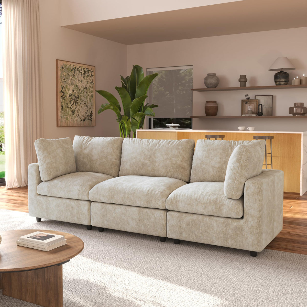 120" Cloud Couch Chenille Sectional Sofa for Livingroom Beige