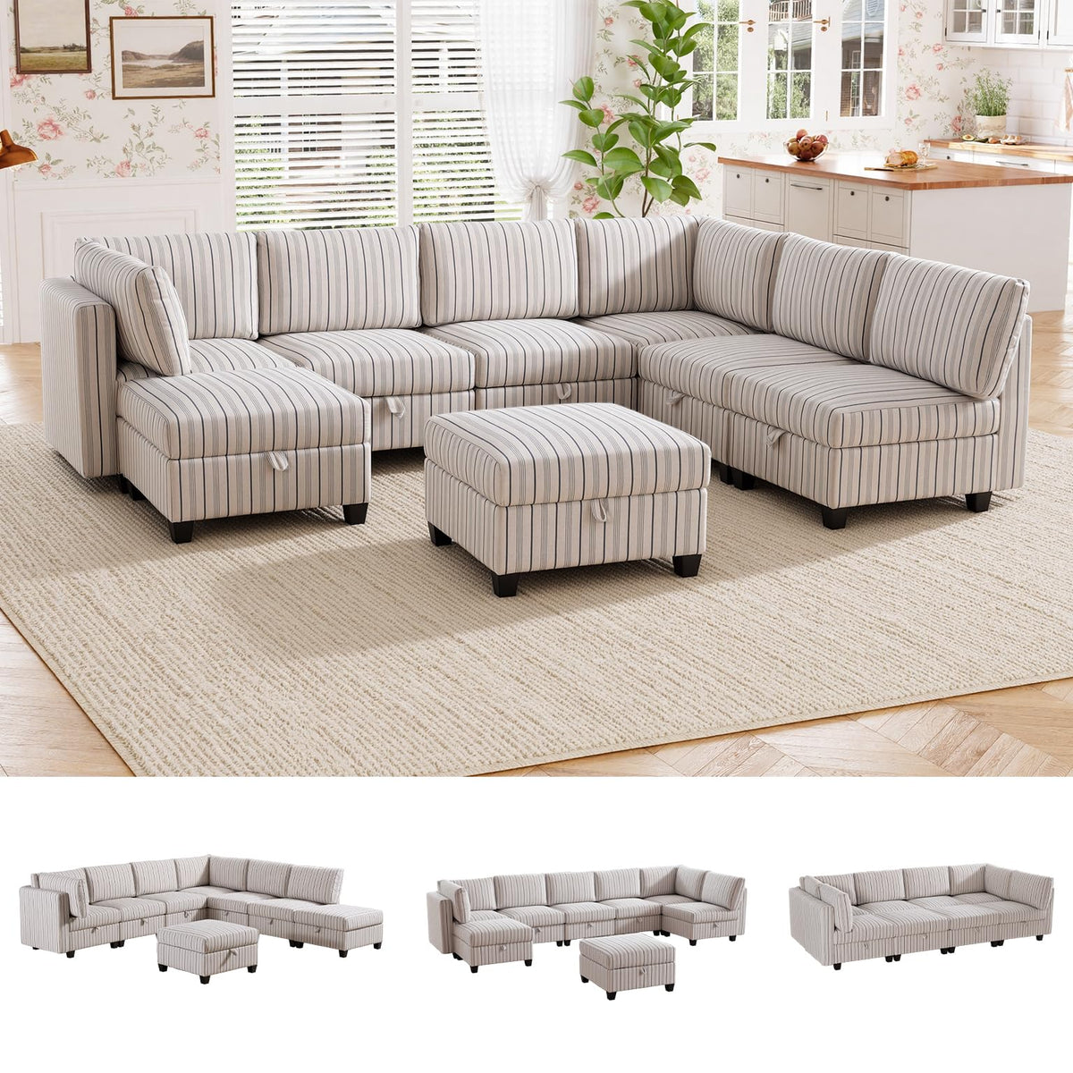 125" Oversized Modular 6 Seater Sofa with Removable Cover and Storage, Convertible U, L-Shaped Sofa, Modern Striped Fabric Couch with Movable Ottoman for Living Room, Apartment