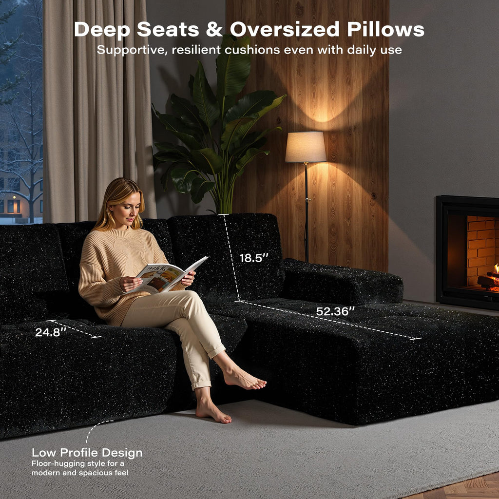 114" L Shaped Cloud Couches with Chaise,Right Facing Modular Sectional Sofa,Glitter Fabric Couch with Deep Seats for Living Room,Bedroom and Apartment,No Assembly Required,Black