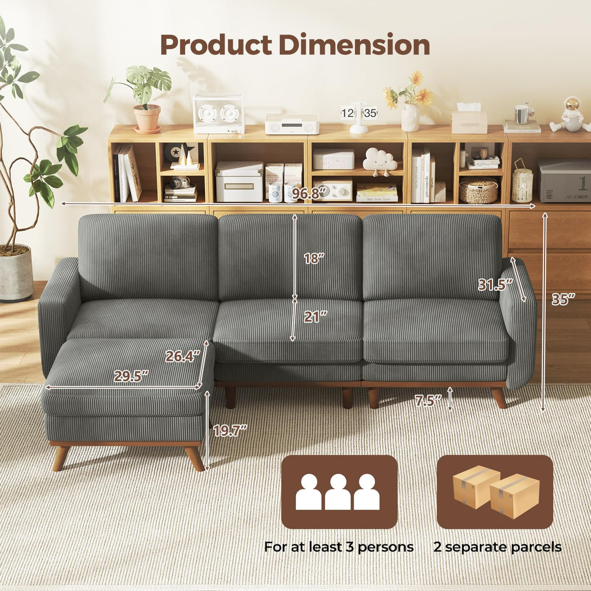Vesgantti L-Shaped Modern Sofa, Modular Sectional Cloud Couch with Ottoman, Comfy Corduroy Deep Seat Sofa for Living Room, Bedroom and Apartment, Dark Gray