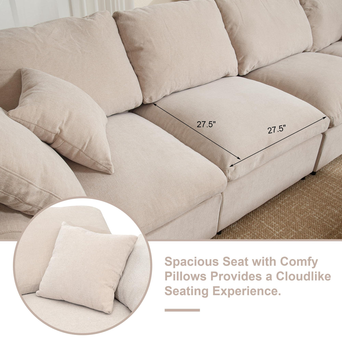 129.3" Oversized Modular Sectional Couch, Cloud U Shaped Couch with Movable Ottoman, Comfy Large 7 Seat Corner Couches for Living Room, Apartment, Beige
