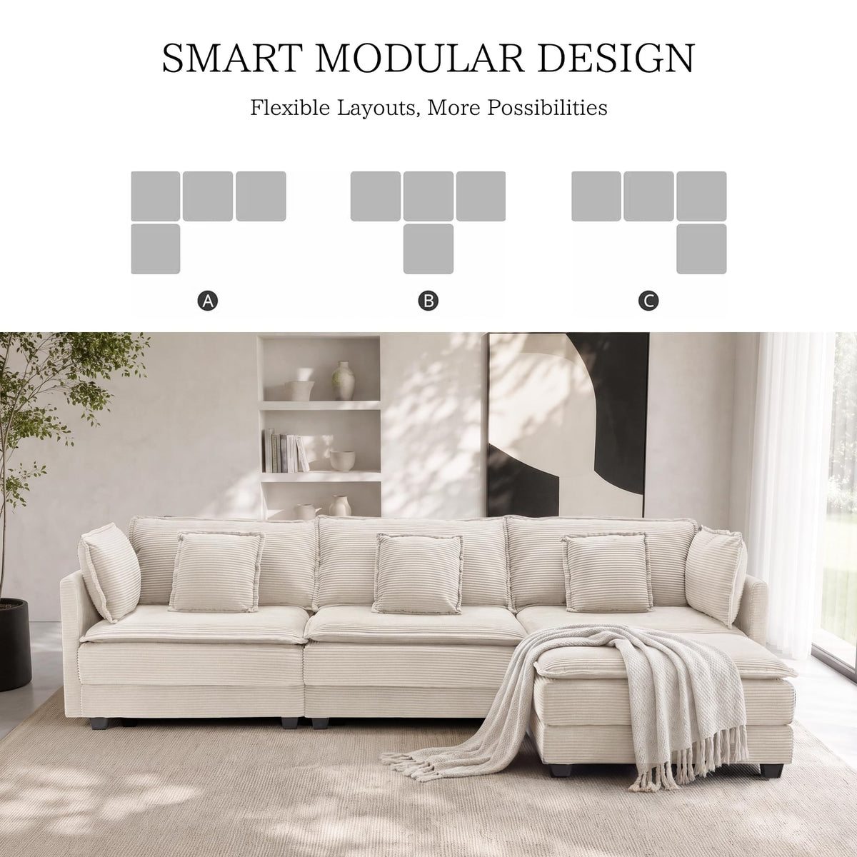 113" Modular Sectional Sofa with Movable Ottoman, 4-Seat L Shaped Corduroy Cloud Couch with Deep Seats and Pillows, Modern Sectional Sofa Set for Living Room, Apartment,Beige
