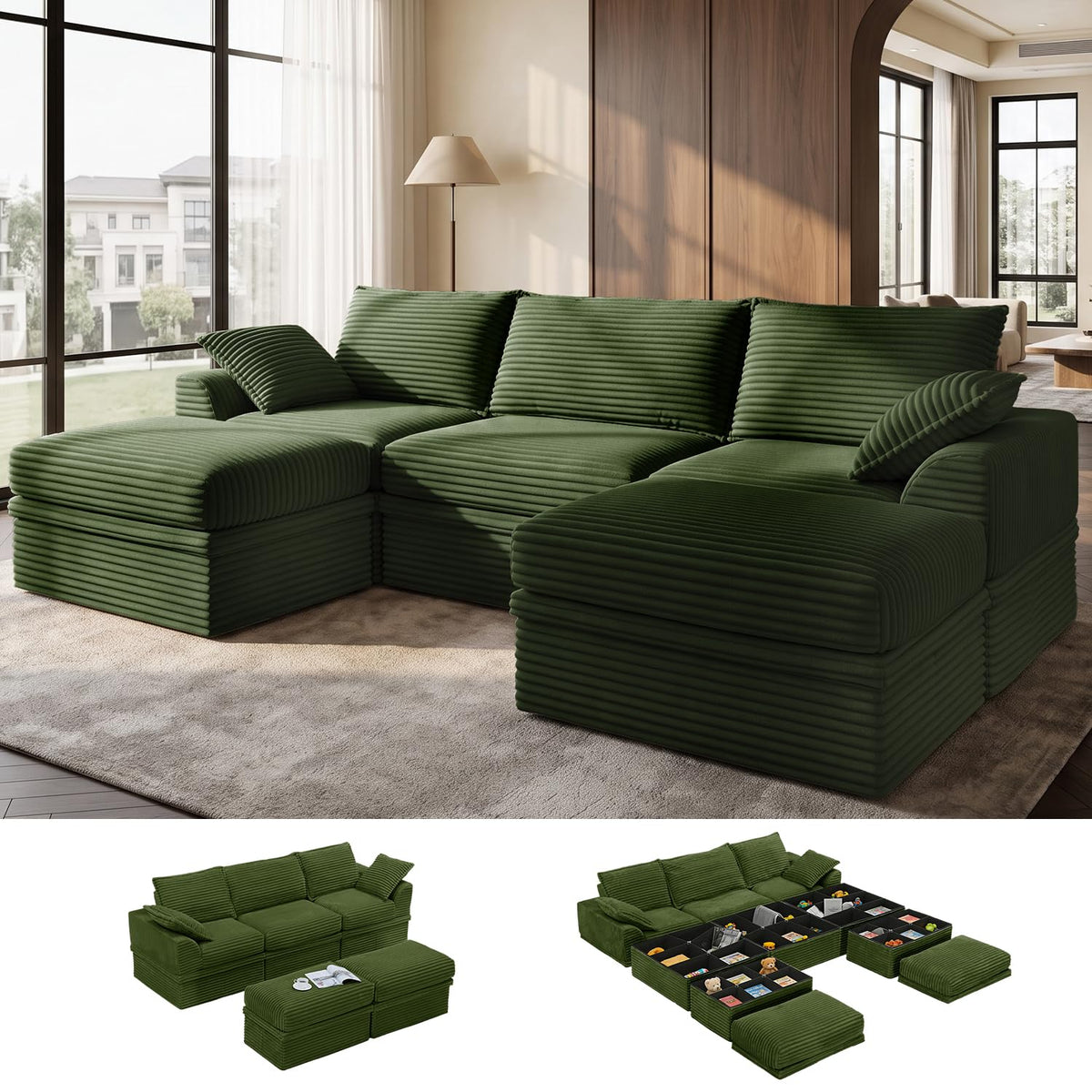 Upgraded Boneless Couch with Storage, 107" Modular Sectional Sofa Couches for Living Room, Extra Deep&High 3 Seater U-Shaped Boneless Sofa with Ottoman, Tool-Free Assembly, Black