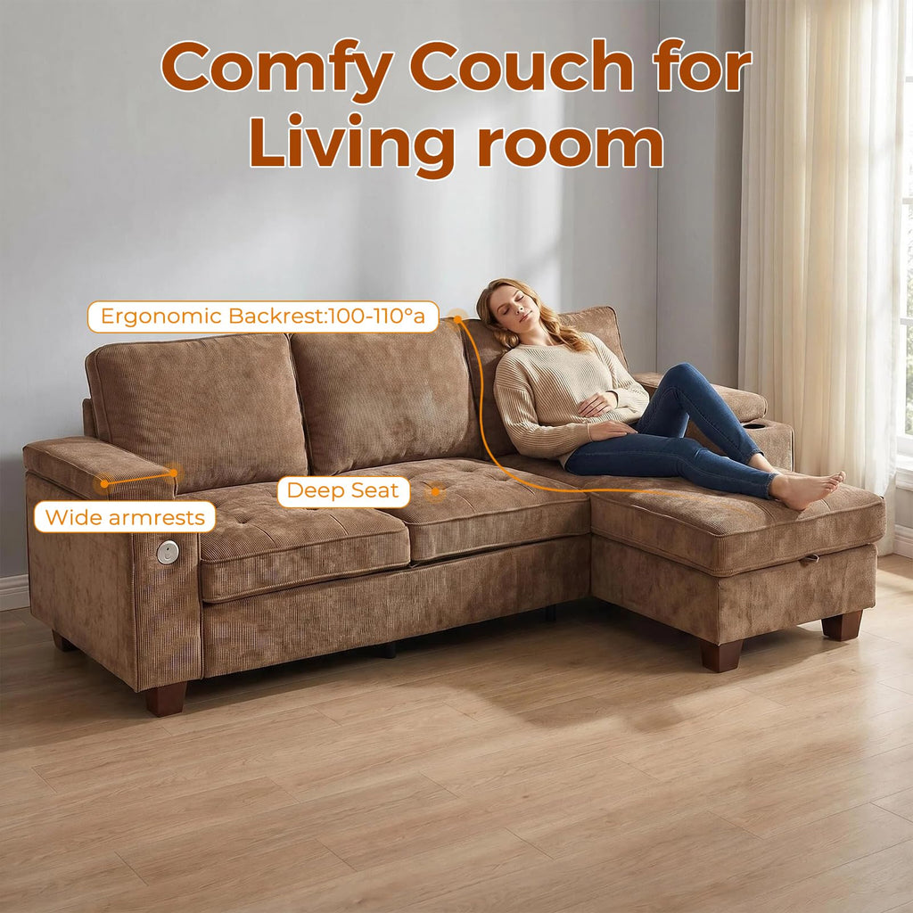 110" L Shaped Modern Couch with Storage with Adjustable Armrest Cup Holders USB & Type-C Ports Couch for Living Room and Small Spaces,Brown