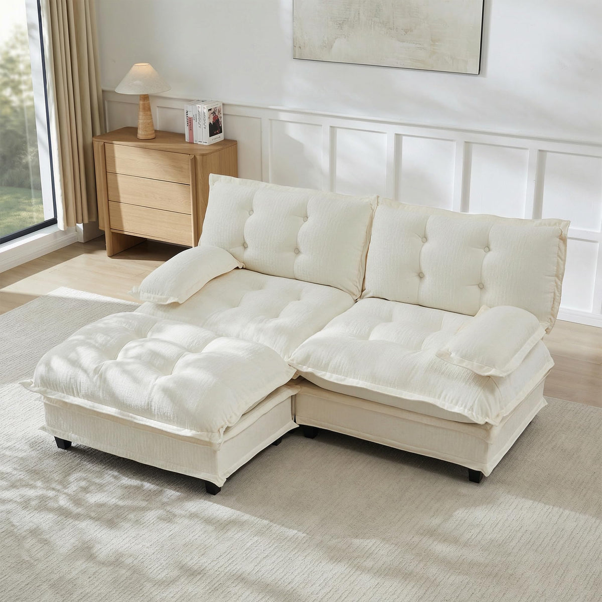 U Shaped Modular Sectional Sofa - 108" Chenille Cloud Deep Seat Couch with Ottoman, 5-Seat Comfy Lattice Decored Seat Cushion for Living Room, Apartment,Light Coffee