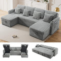 107" Sectional Sleeper Sofa with Pull Out Bed, Comfy Fluffy Plush Cloud Corduroy Sectional Couches for Living Room, U Shaped Modular Couch with Storage Chaise, Cup Holder & USB Charger, Grey