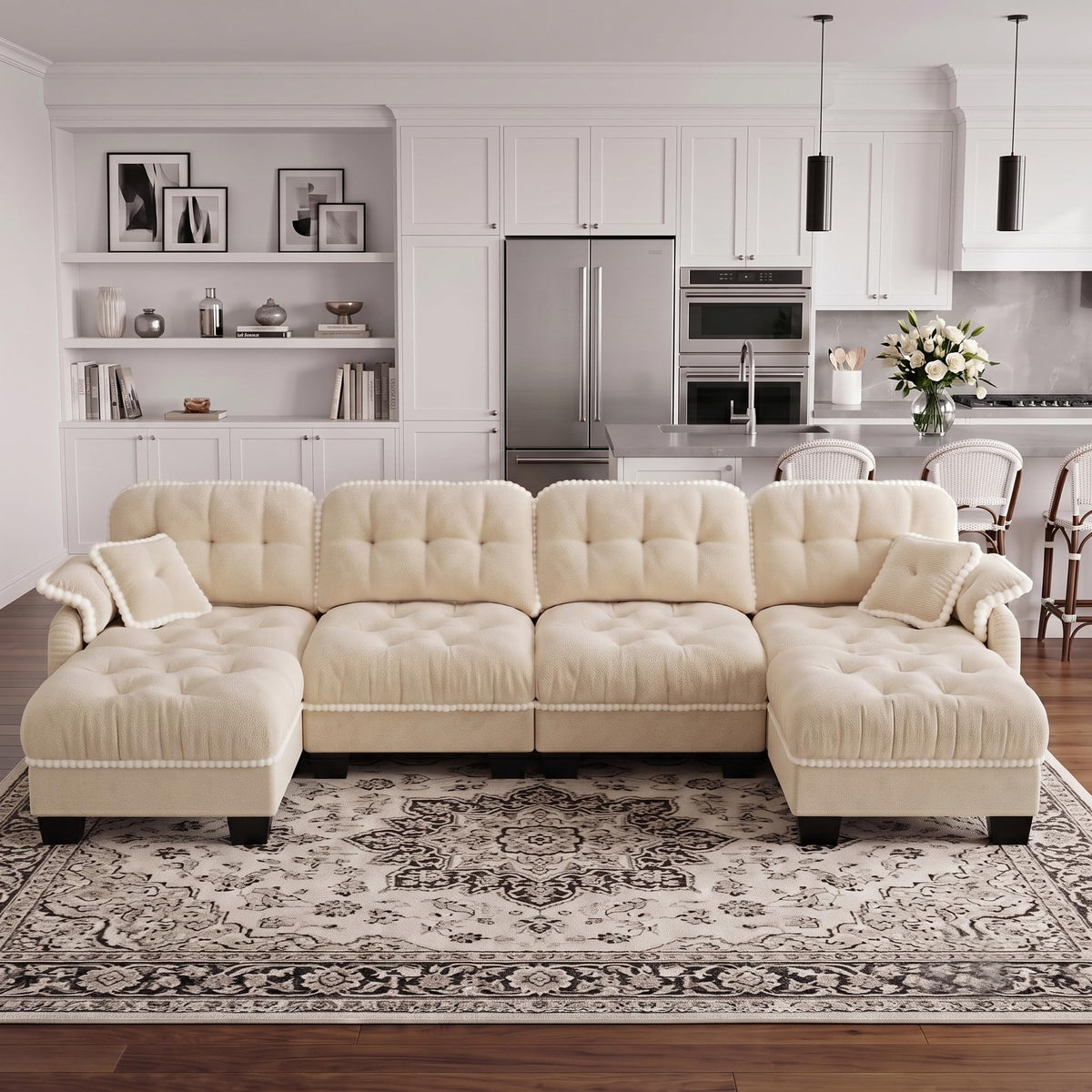 100.7" Chenille Cloud 3-Seater Sofa, Tufted Deep Seat Couch with Pom-Pom Trim & 4 Pillows, Ergonomic Easy Assembly Modular Sofa for Living Room & Apartment（Green ）