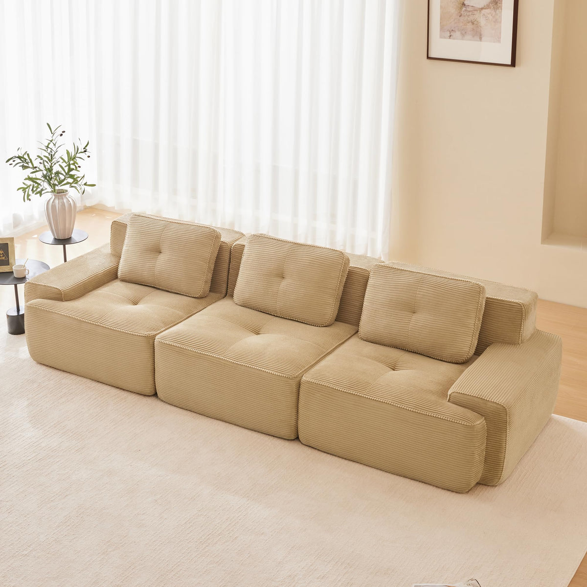 Tidyard 11? Modern Modular Sectional Sofa for Living Room, Corduroy Fabric 3-Seater with Deep Seat, Tufted Design & Anti-Slip Base, No Assembly Needed, Camel