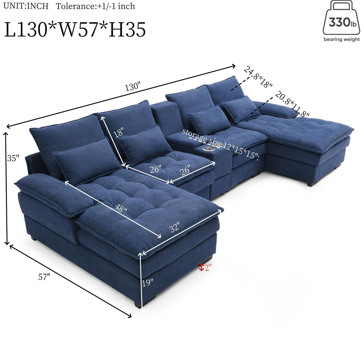 130" U Shaped Sofa with Console,Cupholders,6 seat Upholstered Primary Living Space Furniture,Sleeper Couch Set with Chaise for Living Room,Apartment, (Blue)