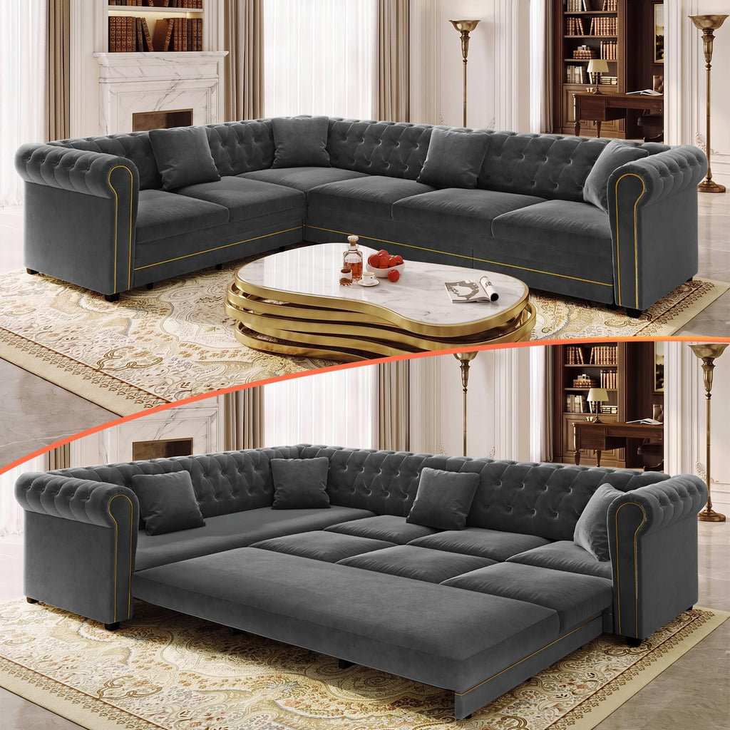 115.3" L-shaped Couch with Pull Out Sofa Bed, Velvet Couch Gold Trim, Beige