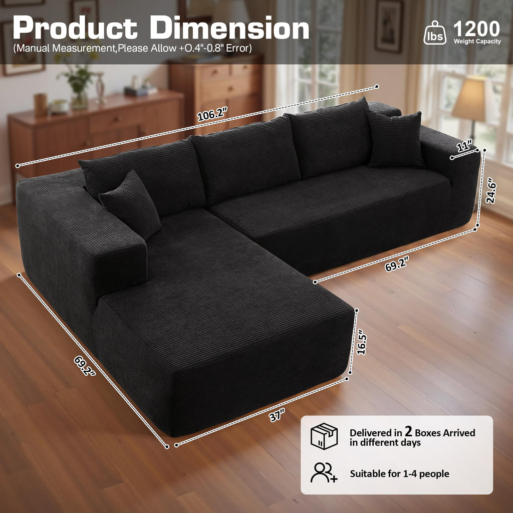 106" Cloud Sectional Couch with Chaise Lounge,L Shaped Modular Modern Sofa,Comfy Corduroy Fluffy Sofa with Deep Seat,No Assembly Required Couch for Living Room(Left,Stripe Corduroy,Black)