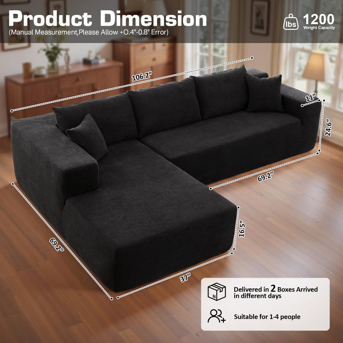 106" Cloud Sectional Couch with Chaise Lounge,L Shaped Modular Modern Sofa,Comfy Corduroy Fluffy Sofa with Deep Seat,No Assembly Required Couch for Living Room(Left,Stripe Corduroy,Black)