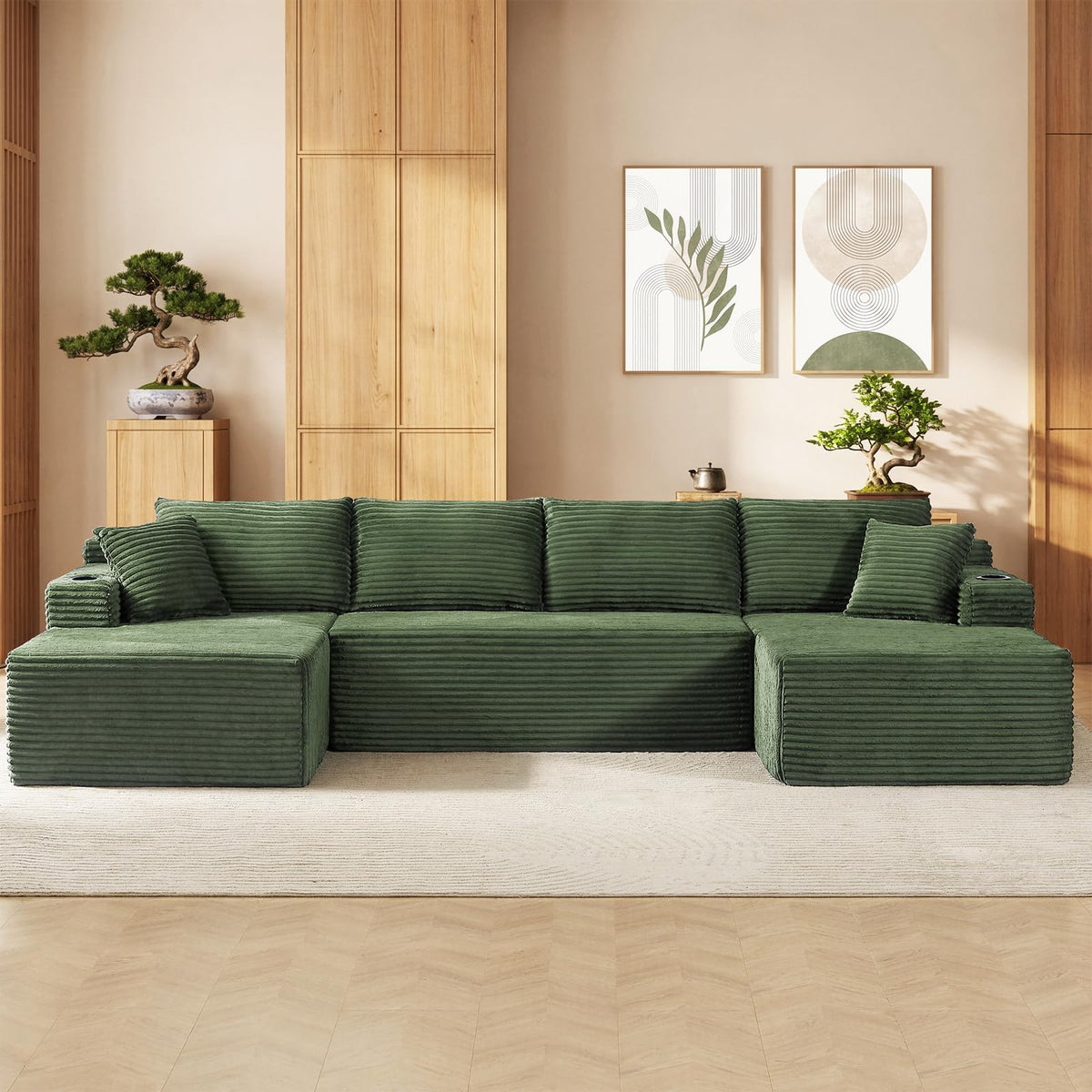 134" Modular Sectional Sofa Couch, Oversized U Shaped Boneless Couches with Side Pockets & Cup Holders, 4-Seater Modern Deep Seat Corduroy Sofa for Living Room, No Assembly, Black