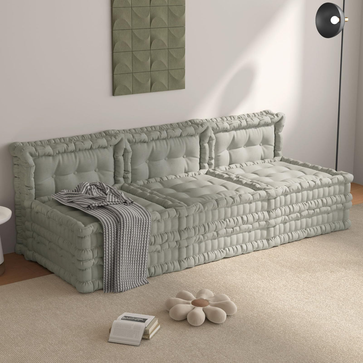 WOWMAX 4 Sets Floor Sofa Couch Bed Convertible Lazy Sofa Sleeper Bed, Floor Chair Bed Mattress Oversized Floor Pillow Ideal for Reading & Gaming, Home Decoration, Light Blue Flowers