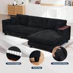 114" Cloud Sectional Couch with L-Shape Reversible Chaise, Modern Corduroy L Shaped Couch with 2 Pillows & Storage Armrests, 4 Seater Sectional Couches for Living Room, Plush Corduroy, Black