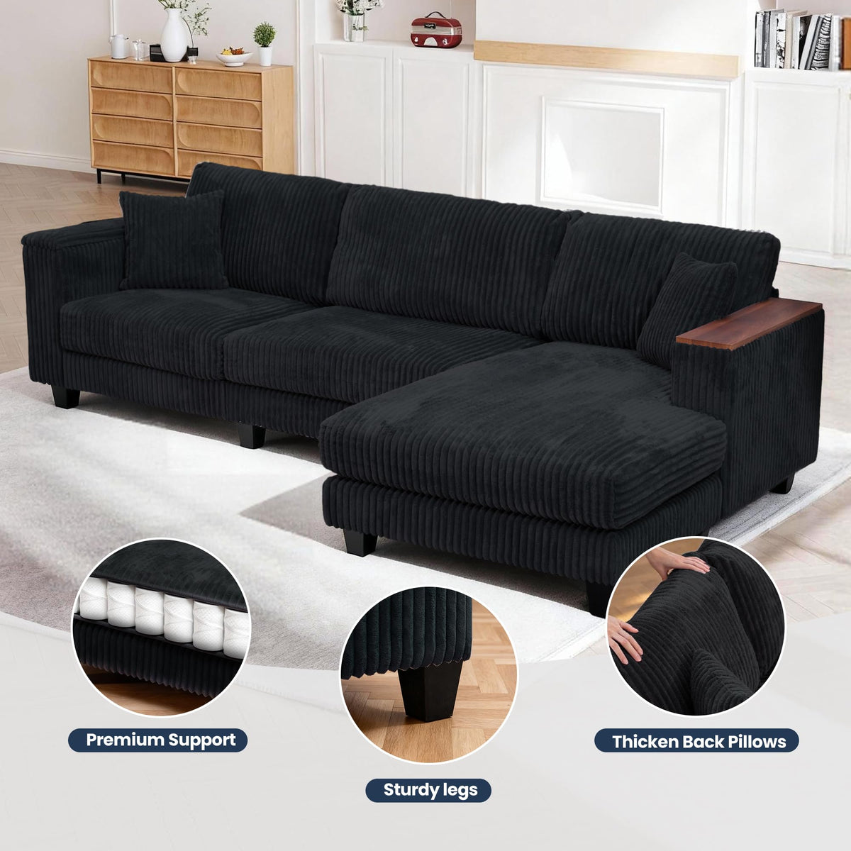 114" Cloud Sectional Couch with L-Shape Reversible Chaise, Modern Corduroy L Shaped Couch with 2 Pillows & Storage Armrests, 4 Seater Sectional Couches for Living Room, Plush Corduroy, Black