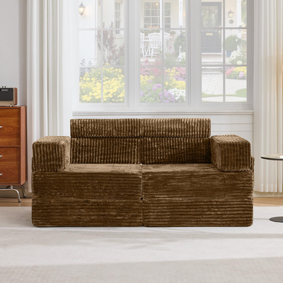 Tbfit 142” Modular L Shaped Sectional Boneless Couch, Convertible Futon Sofa Bed, Corduroy Cloud Mattress Sleeper Sofa, Comfy Folding Upholstered Floor Couches for Living Room, Bedroom, Beige