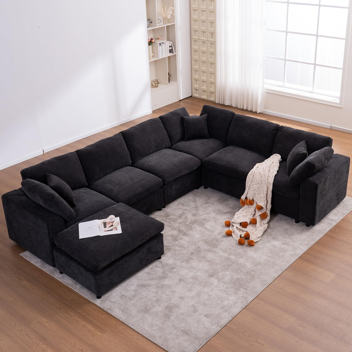 129.3" Oversized Modular Sectional Couch, Cloud U Shaped Couch with Movable Ottoman, Comfy Large 7 Seat Corner Couches for Living Room, Apartment, Beige