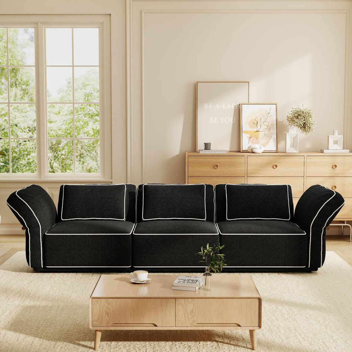 128.3" Modular Boucle Sofa with Ottoman, 3-Seat Sectional Couch, Beige