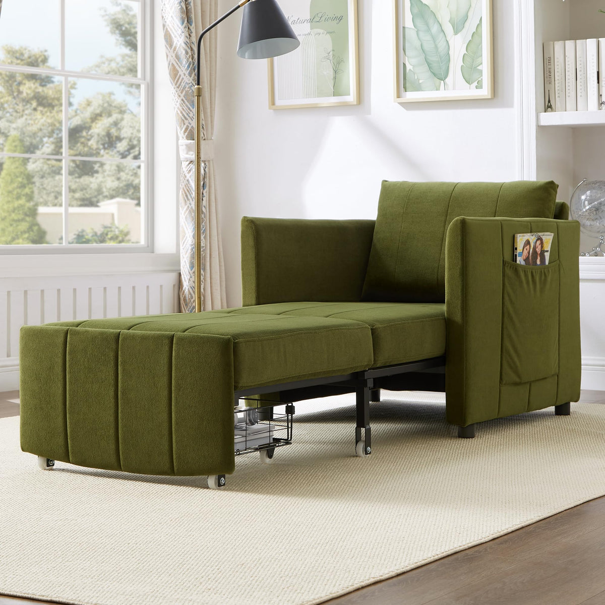 Upholstered Convertible Sleeper Sofa, 31.5" Pull Out Sofa Bed with 5 Position Adjustable Backrest, Side Pockets and a Storage Basket, Fold Out Chair Bed, Lounger for Living Room, Apartment, Green
