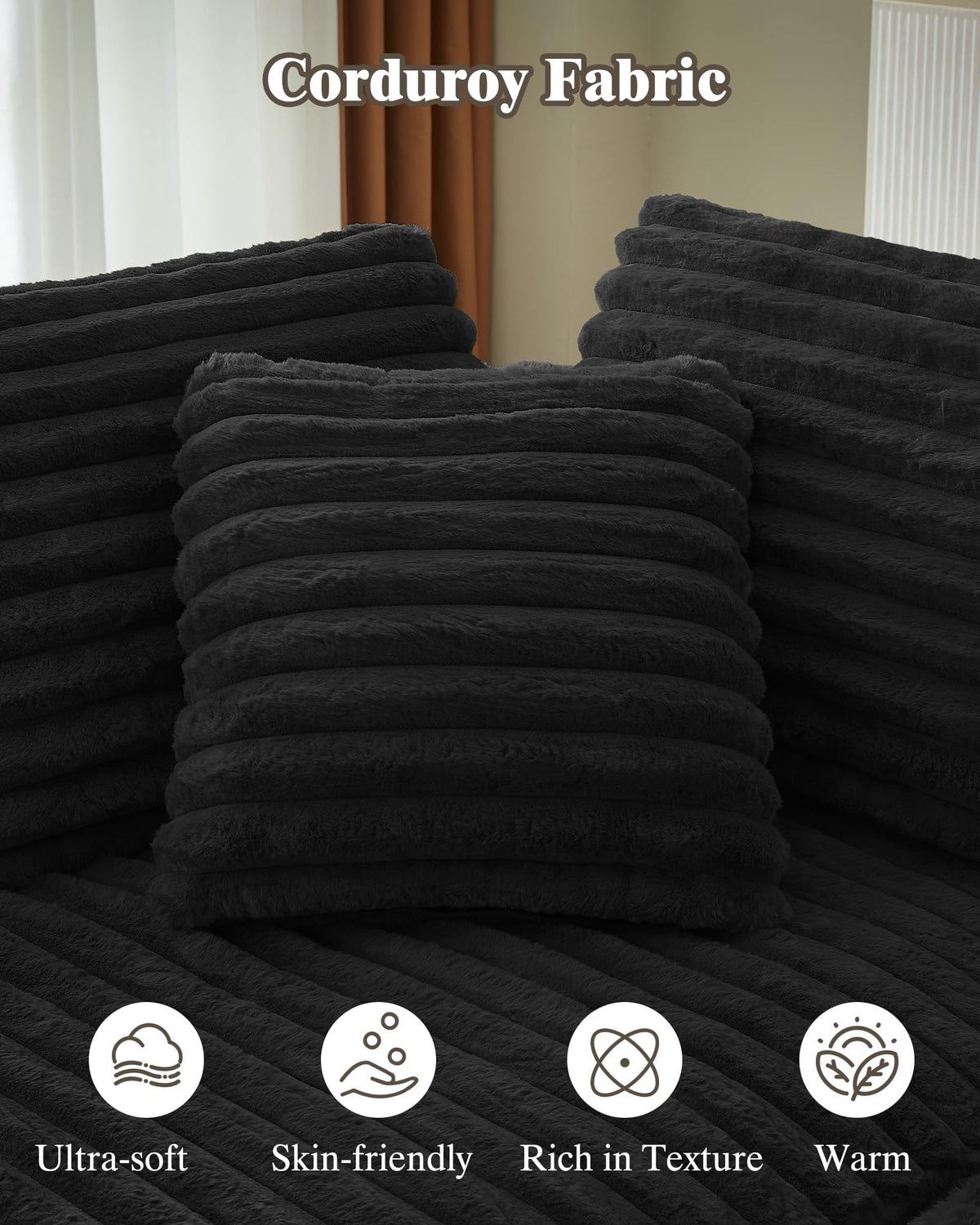 121 inch Boneless Cloud Modular Sectional Couch, Wide Curved L Shaped Sofa with Chaise | Corduroy Fabric | Compressed Foam Sofa for Living Room | No Assembly Black
