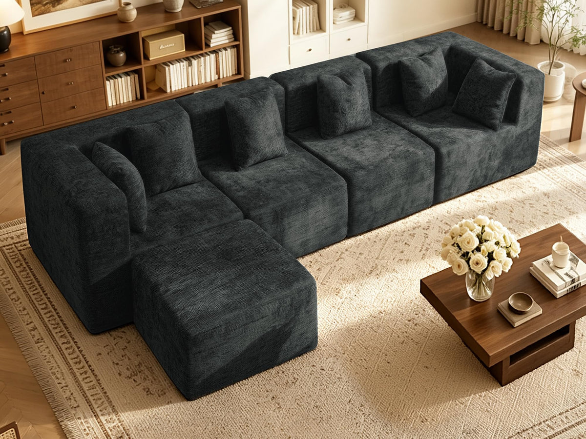 103" Three-Layer Sponge Boneless Couch sectional for Living Room Modular sectional Sofa High-Back 4-Seater L-Shape Couch with Ottoman Memory Foam Waterproof Chenille Black