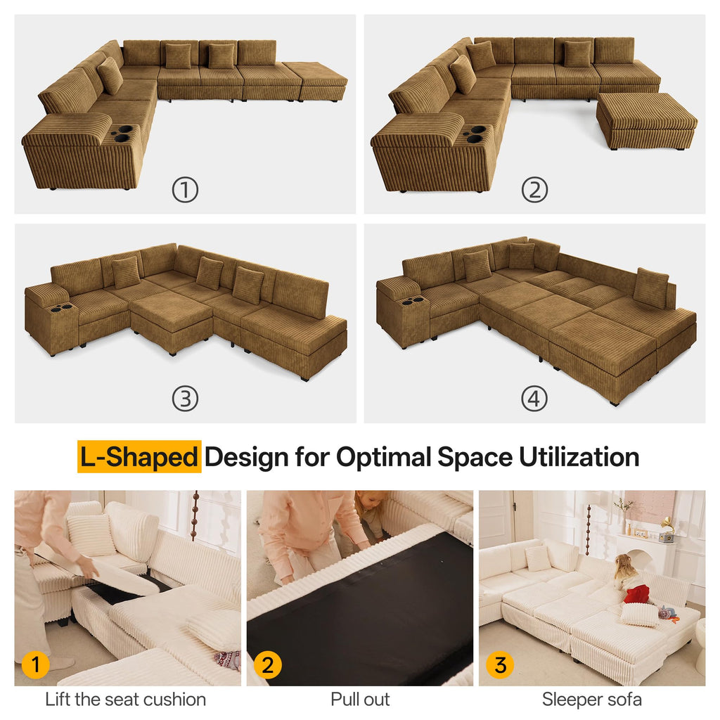 110" L-Shaped Modular Sectional Sofa with Pull Out Bed, Comfy Corduroy Cloud Couch with Removable Ottoman, USB, Storage & Cup Holders, Modern Sectional Sleeper Sofas for Living Room (Camel)