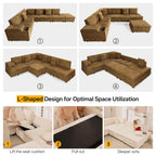 110" L-Shaped Modular Sectional Sofa with Pull Out Bed, Comfy Corduroy Cloud Couch with Removable Ottoman, USB, Storage & Cup Holders, Modern Sectional Sleeper Sofas for Living Room (Camel)
