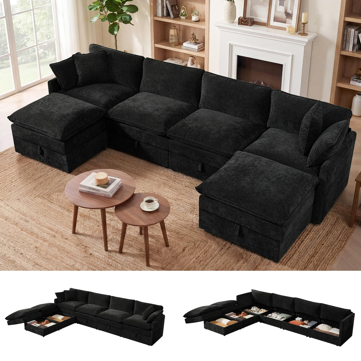WorthFurni Modular Sectional Sofa with Storage Ottomans,135" U-Shaped Cloud Couch,Comfy Modern Couches with Pillows & Upholstered Deep Seat Cushion for Apartment Living Room Bedroom（Black）