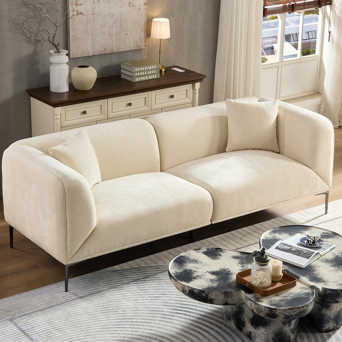 110" Modern Sofa Couch 3-Seater Deep Seat for Living Room, Camel