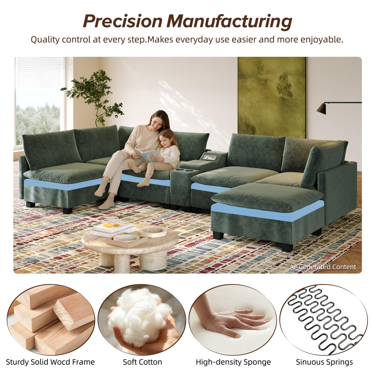 121.2" Oversized Sectional Couches U-Shaped Modular Sofa Bed,Green